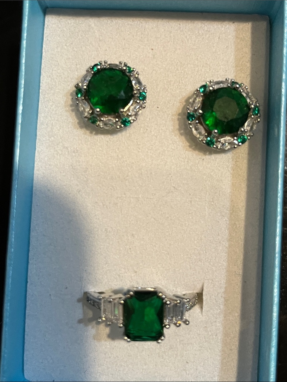 Silver plated Emerald crystals and clear CZ Ring and Earrings